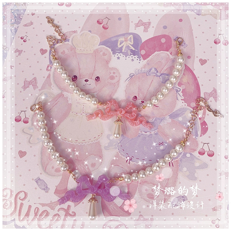 Pink Ribbon Bow Pearl Necklace/Bracelet