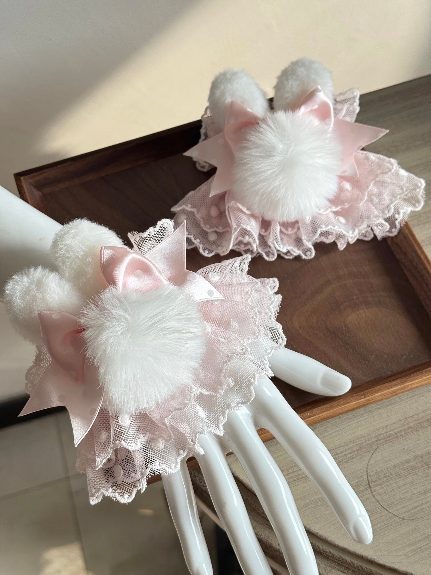 Fluffy Bunny Ear Polka Dots Wrist Cuffs